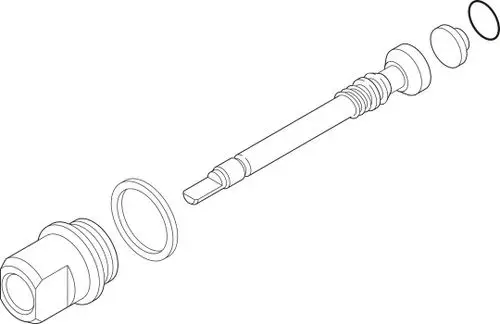 Darstellung eines geplanten Ventiloberteils mit verschiedenen Komponenten, darunter ein zylindrisches Element und Dichtungen, typisch für Bosch Produkte.